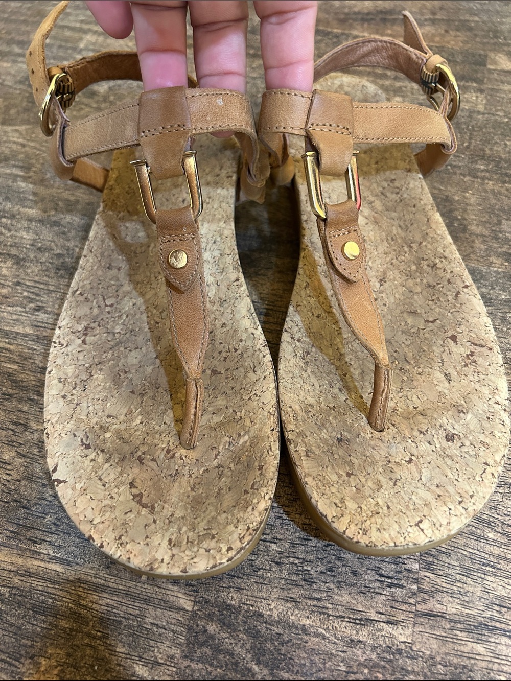 UGG Tan Cork T-Strap Thong Sandals with Gold Accents